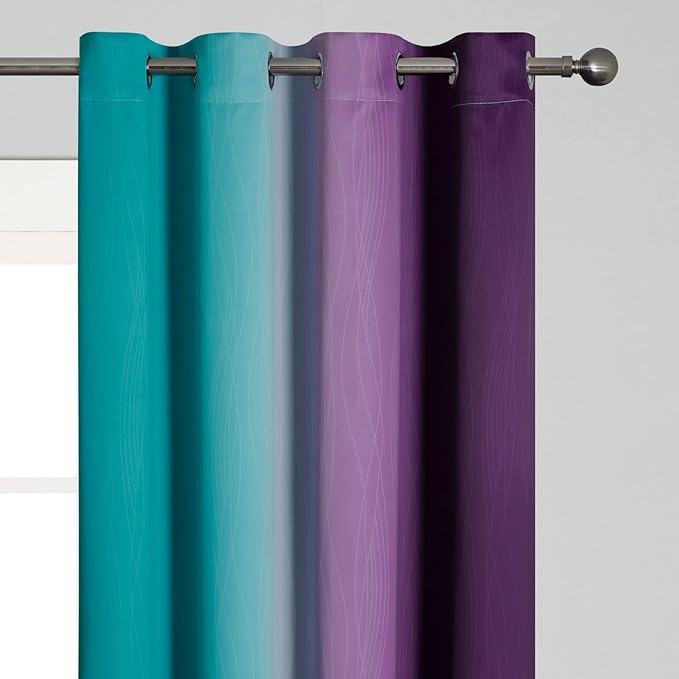Teal and Purple Gradient Curtains 63 Inch Length 2 panels, Ombre and Wavy Line Pattern Blackout Curtains for Kids Room, Full Light Blocking Thermal Insulated Grommet Drapes for Bedroom, 52x63 Inch