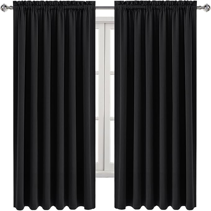 DWCN Blackout Curtains for Living Room Thermal Insulated, Energy Saving & Noise Reducing Bedroom Curtains, Black, W 70x L 63 Inch, Set of 2 Rod Pocket Curtain Panels