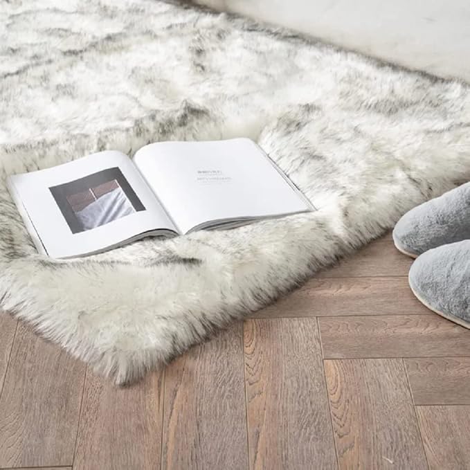 ORINOVA White and Grey 4X6 Faux Sheepskin Shag Fur Runner Rugs for Living Room Bedroom Fluffy Washable Furry Area Rug Nursery Teen Room Décor