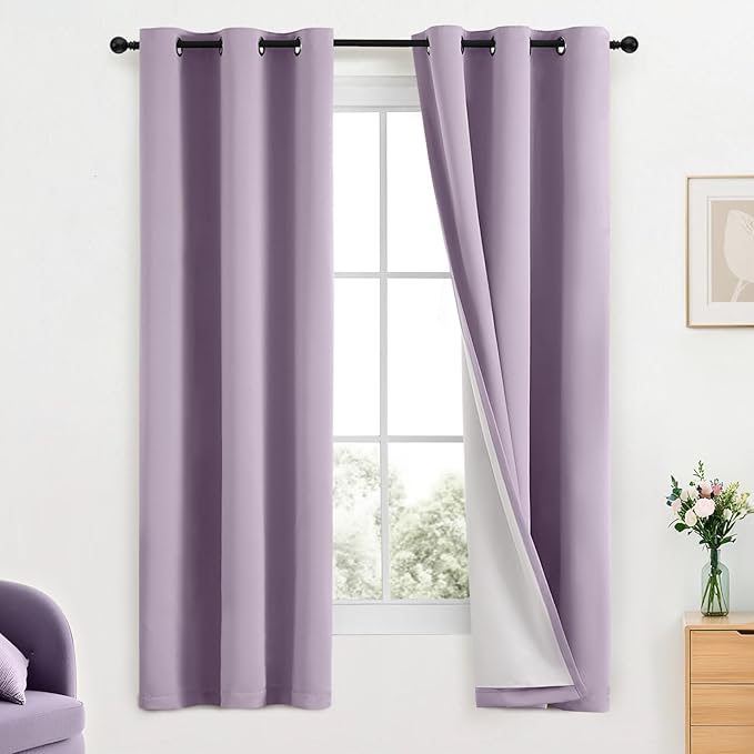 Yakamok Lilac 100% Blackout Curtains 63 Inches Long with 2 Thick Layers-Light Purple Room Darkening Thermal Insulated Window Curtain Set of 2 Panels for Bedroom Living Room 38x63 Inches,Lavender