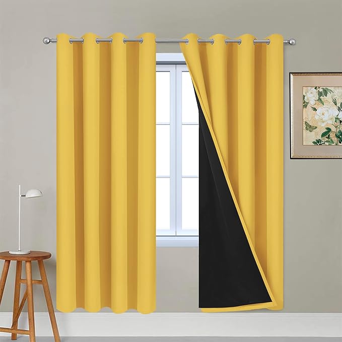 Yakamok Thermal Insulated Full Blackout Curtains 72 Inches Long, Double Layer Full Room Darkening Noise Reducing Grommet Curtains for Bedroom(Mustard Yellow, 2 Panels)