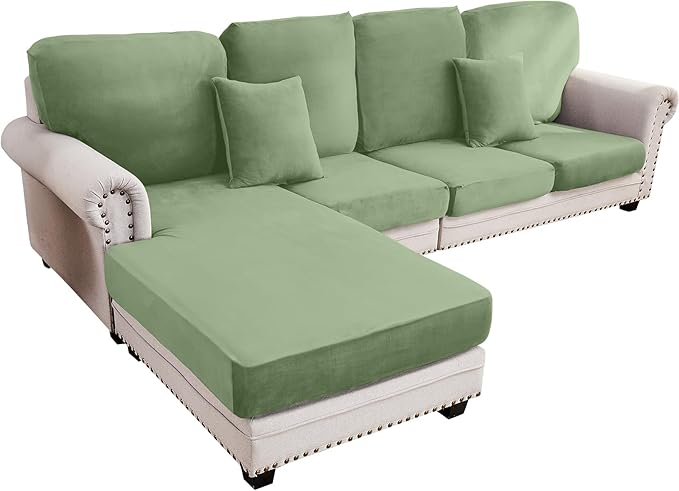 Couch Cover 4-Piece Elastic Velvet Couch Cushion Covers & Chaise Slipcovers for L-Shaped Sofas, Sofa Seat Covers Washable, Soft Cover for Couches (3 Seater + Chaise, Avocado Green)