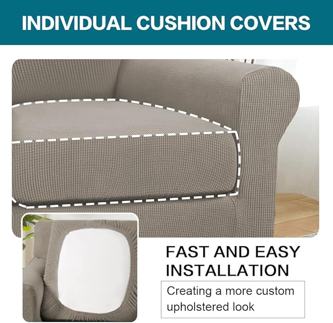 Turquoize 2 Piece Chair Covers Chair Slipcovers for Living Room Armchair Couch Cover Chair Sofa Cover with Individual Cushion Covers Furniture Cover for Chairs Feature Thick Fabric (Chair, Taupe)