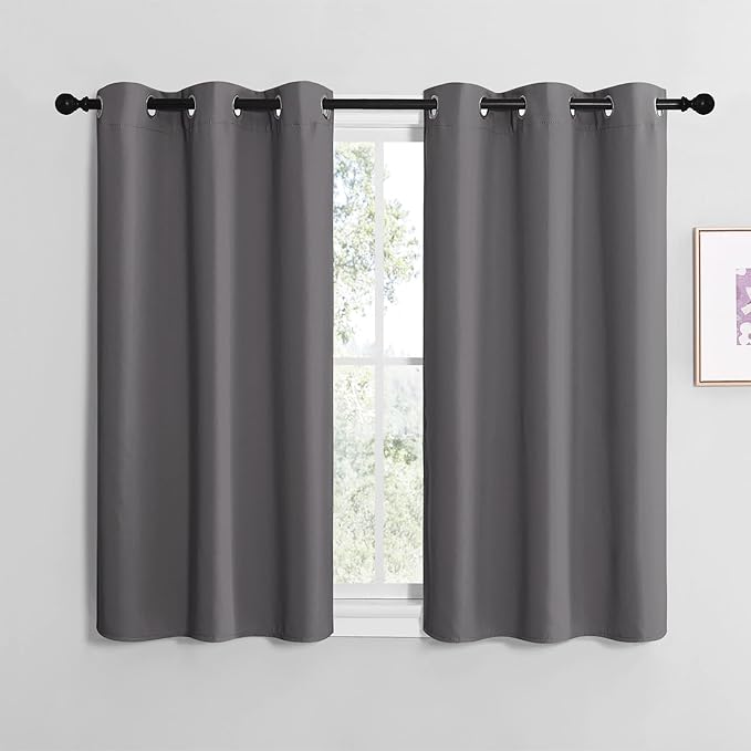 NICETOWN Grey Blackout Curtain Panels for Bedroom, 2 Panels, W29 x L36-inch, Thermal Insulated Grommet Top Blackout Draperies and Drapes for Basement