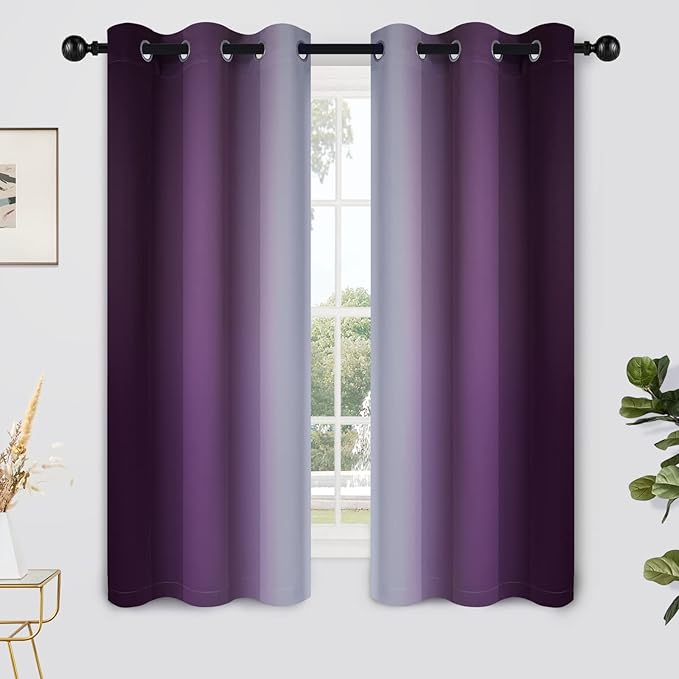 Yakamok Light Blocking Ombre Curtains, Greyish White and Purple Gradient Color Curtains, Room Darkening Grommet Window Drapes for Bedroom(Purple, 42x63 Inch, 2 Panels)