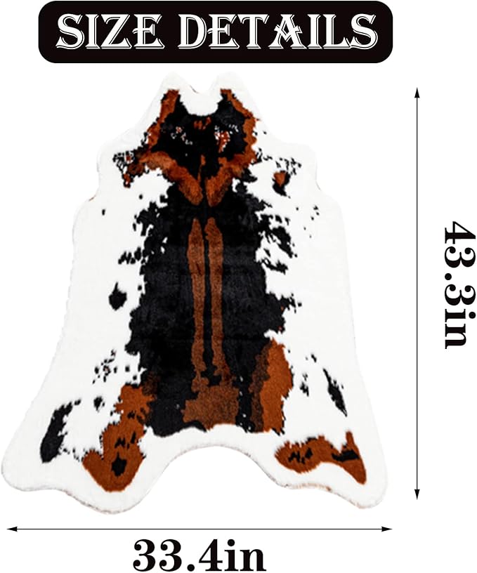 Faux Cowhide Rug Cow Print Area Rug Premium Faux Animal Skin Hide Rugs Tricolor Decor Carpet Non-Slip Small Cowhide Rugs Mat for Bedroom Living Room Office Kitchen 43.3X33.4Inches