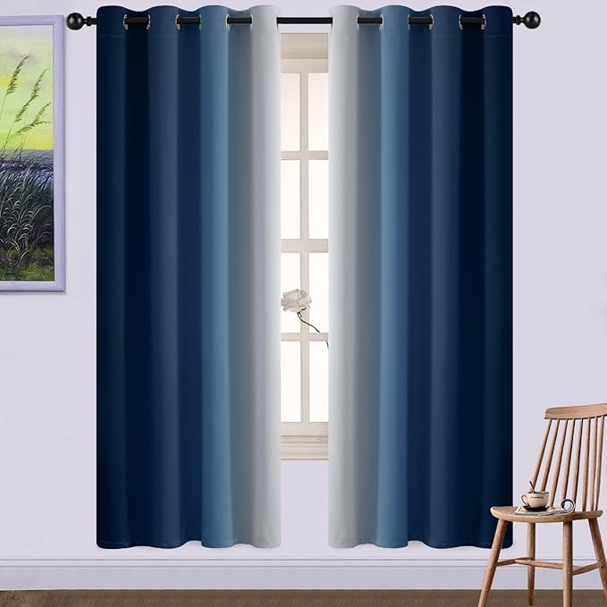 Yakamok 72 Inch Length Light Blocking Grommet Window Drapes,Blue and Greyish White Room Darkening Gradient Color Curtains for Bedroom(52x72 Inch, Set of 2)