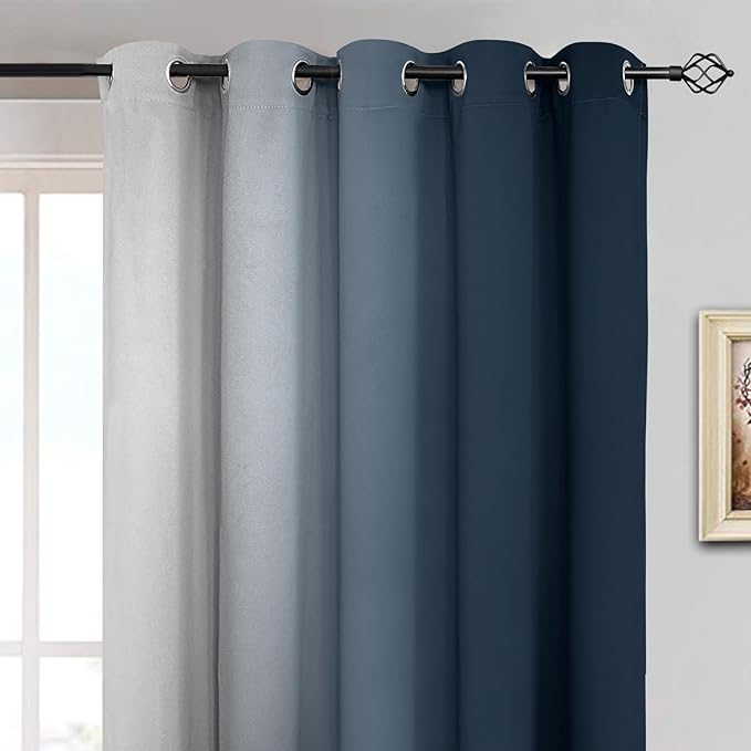 Yakamok Room Darkening Ombre Curtains 84 Inch Length, Navy Blue and Greyish White Thermal Insulated Gradient Color Curtains,Light Blocking Grommet Window Drapes for Bedroom,70 Inch Width,2 Panels