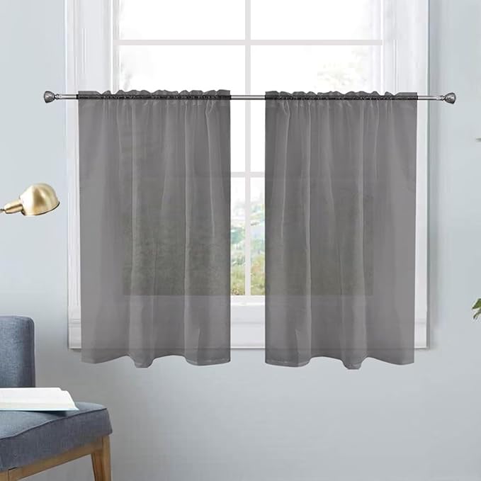 SpaceDresser Basic Rod Pocket Sheer Voile Window Curtain Panels Grey 1 Pair 2 Panels 26 Width 24 Inch Long for Kitchen Bedroom Children Living Room Yard(Grey,26 W x 24 L)