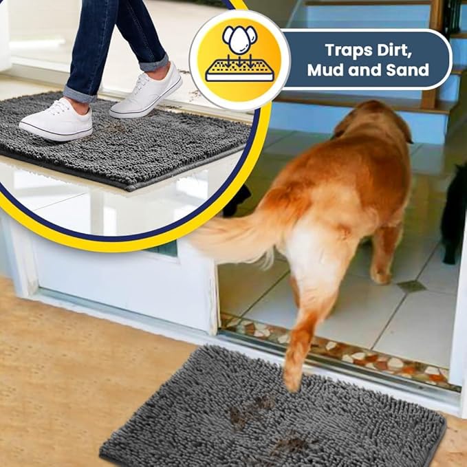 Muddy Mat® | Super Absorbent Door Mat Indoor, Microfiber Quick Dry Chenille Entryway Rug, Non-Slip Front Door Mat, Indoor Mats for Entryway, Machine Washable Pet Rug, Grey 36"x120"