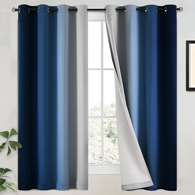Yakamok 100% Blackout Curtains 63 Inch Length 2 Layers,Blue Curtains for Bedroom Ombre Room Darkening Grommet Gradient Drapes,Light Blocking Thermal Insulated Window Curtains for Living Room