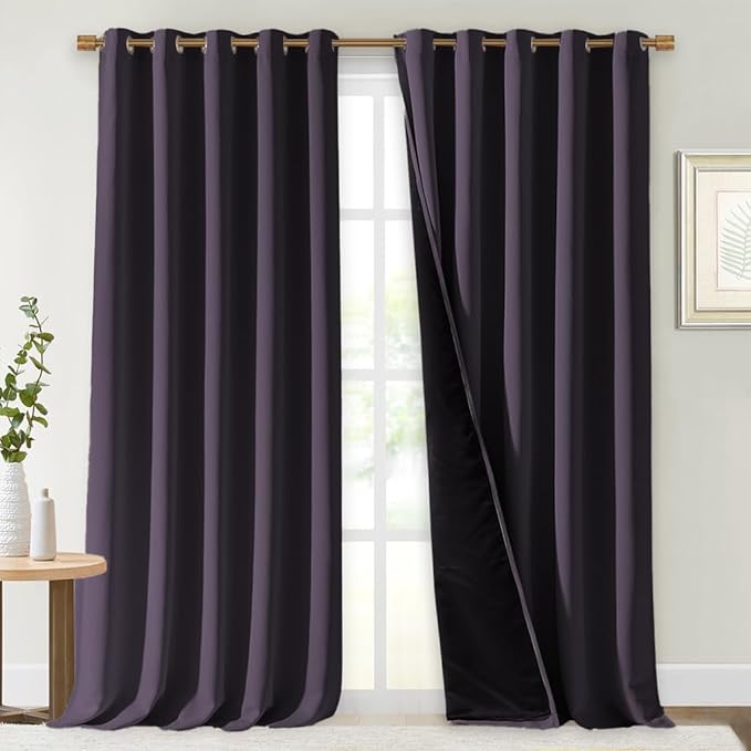NICETOWN 100% Blackout Curtains for Windows, Pack of 2, 70" W x 108" L, Greyish Purple, Super Heavy-Duty Black Lined Total Darkness Drapes for Bedroom, Privacy Assured Window Treatment for Patio