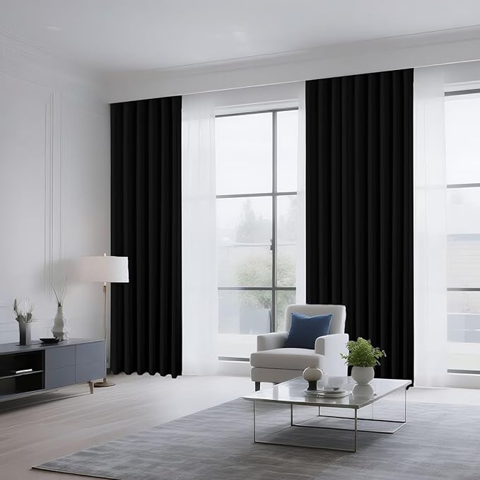 CUCRAF Black Blackout Curtains 96 inch Length 2 Panels Set, Rod Pocket Room Darkening Drapes for Bedroom Living Room, Insulated Thermal Light Blocking Window Curtain (W52 x L96 Inch)