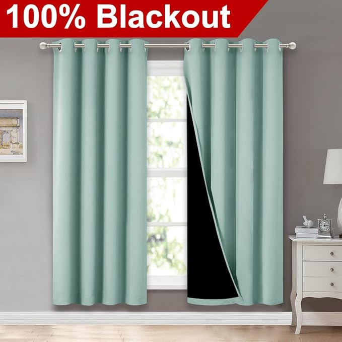 NICETOWN 100% Blackout Window Curtain Panels, Full Light Blocking Drapes with Black Liner for Nursery, 72-inch Drop Thermal Insulated Draperies (Aqua Blue, 2 Pieces, 52-inch Wide Per Panel)