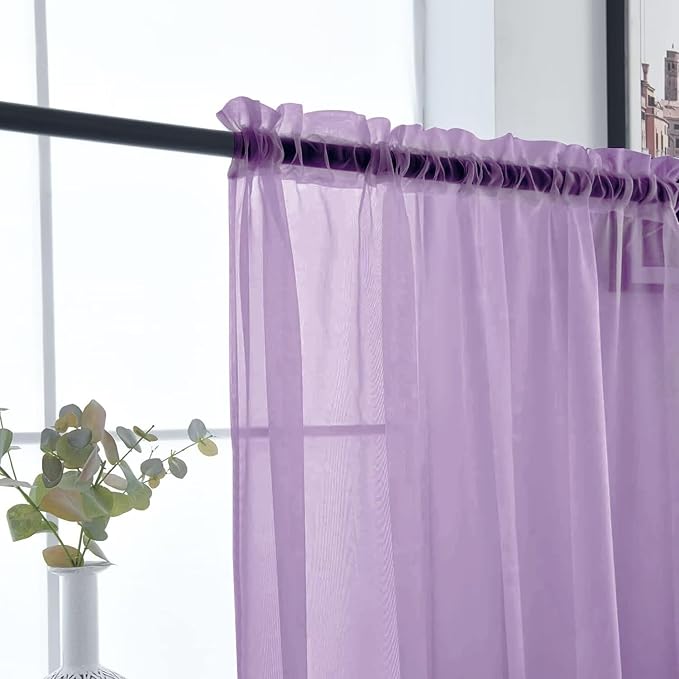 SpaceDresser Sheer Voile Window Treatment Rod Pocket Curtain Panels for Kitchen Bedroom Living Room Drapes Sunlight Filtering Privacy Semi Home Decor Assorted (Lavender, 52 W x 54 L)
