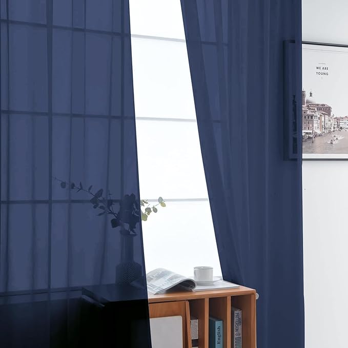 SpaceDresser Sheer Voile Window Treatment Rod Pocket Curtain Panels for Kitchen Bedroom Living Room Drapes Sunlight Filtering Privacy Semi Home Decor Assorted Colors Sizes (Navy, 52 W x 108 L)