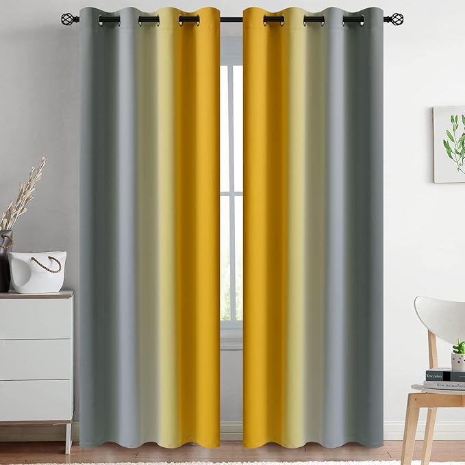 Yakamok Ombre Yellow and Grey Curtains for Bedroom, Gradient Room Darkening Curtains 84 inches long,Grommet Thermal Insulated Light Blocking Window Drapes/Curtain for Living Room,52 x 84 Inch,2 Panels