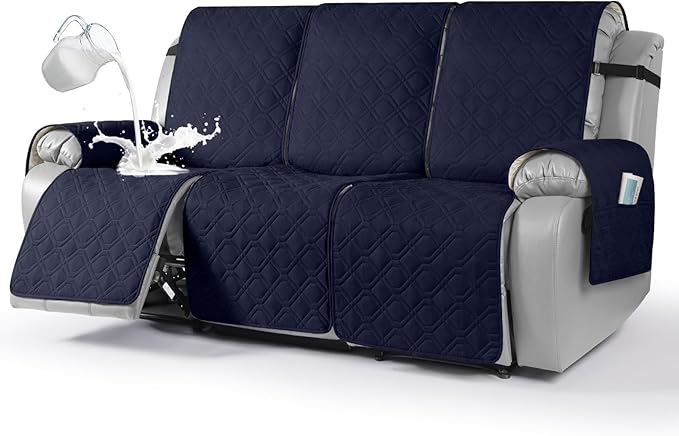 VANSOFY Waterproof Recliner Couch Covers, Sofa Covers 1-Piece Washable Reclining Sofa Cover Non-Slip Furniture Protector with Elastic Straps Pocket for Dogs, Pets(Dark Blue,3 Seater)