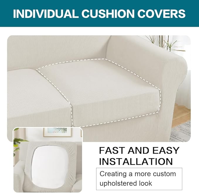 Turquoize 4 Piece Sofa Covers for 3 Cushion Couch Sofa Slipcover Soft Couch Cover for Dogs-Washable Sofa Furniture Covers with 3 Individual Large Cushion Covers (XL Sofa, Cream)