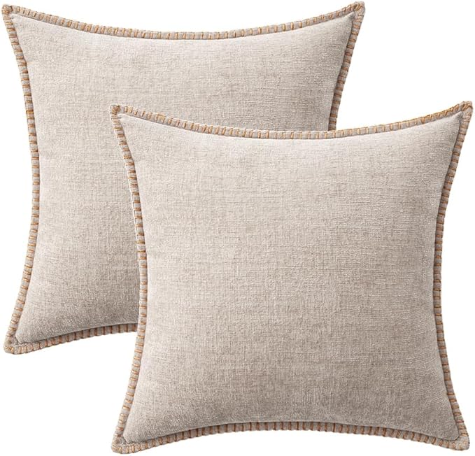 MIULEE Pack of 2 Couch Throw Pillow Covers 18x18 Inch Natural Beige Farmhouse Decorative Pillow Covers with Stitched Edge Taupe Soft Chenille Solid Dyed Pillow Covers for Sofa Bed Living Room