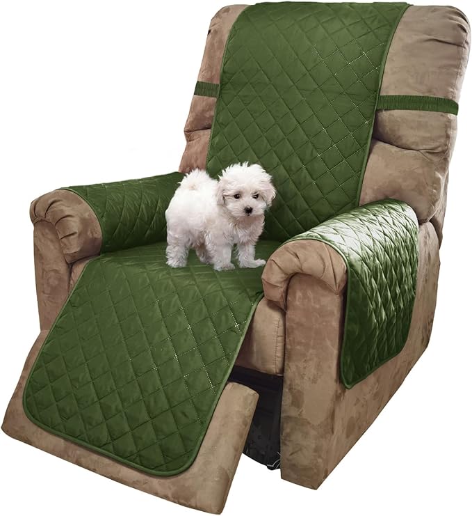 U-NICE HOME Recliner Chair Covers Reversible Chair Cover Pet Covers for Dogs with Elastic Straps Water Resistant Diamond Quilted (28''Recliner Oversized, Huntergreen/Sage)