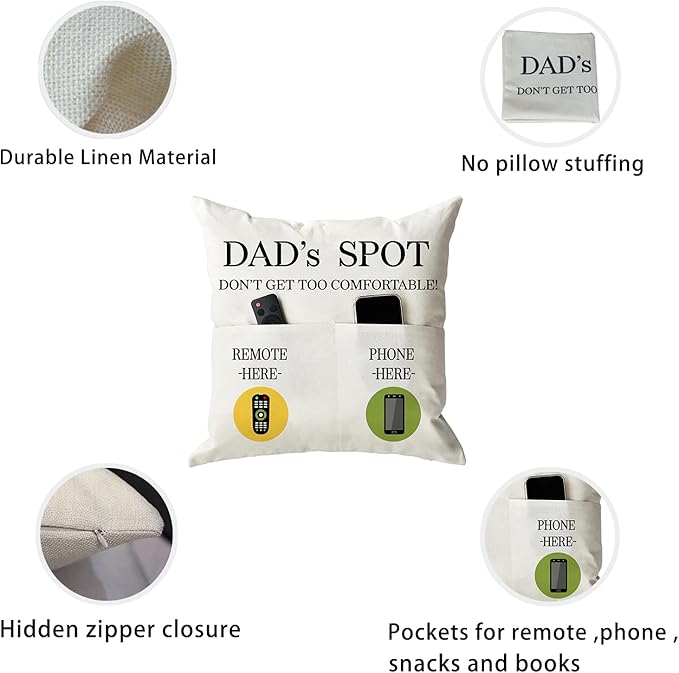 ONFAON Father's Day Throw Pillow Case, Dad's Spot Throw Pillow Covers 18 x 18 Inch，Dad Gifts from Daughter Son，Birthday Christmas Thanksgiving Day Gifts for Papa Stepdad ，2-Pocket
