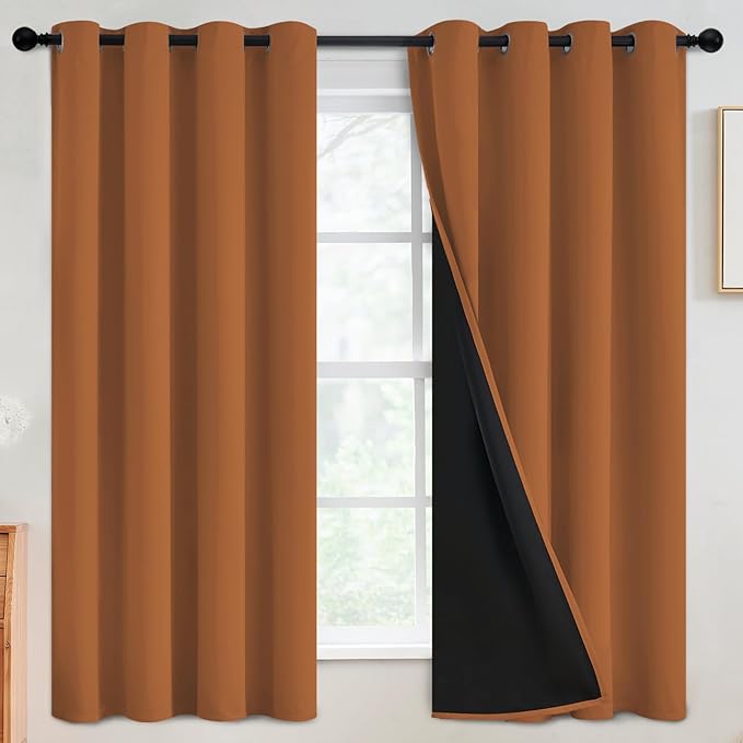 SimpleHome 100% Blackout Curtains for Bedroom,Thermal Insulated Orange Grommet Window Drapes Room Darkening Curtains for Living Room with Black Back,52 x 63 Inch,2 Panels