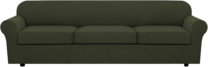 H.VERSAILTEX 4 Piece Stretch Sofa Covers for 3 Cushion Couch Furniture Slipcovers for Living Room (1 Base Cover Plus 3 Seat Cushion Covers) Jacquard Fabric Cover (XL Sofa, Olive)