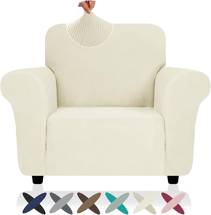 ZNSAYOTX Super Stretch Chair Slipcover (30"-47"), New Striped Sofa Chair Covers for Living Room, Dogs Pet Friendly Anti-Slip Chair Protector Spandex Armchair Slipcovers (Beige, Chair)