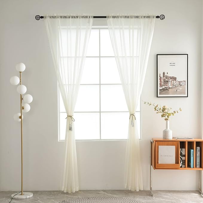 SpaceDresser Basic Rod Pocket Sheer Voile Window Curtain Panels Ivory 1 Pair 2 Panels 52 Width 90 Inch Long for Kitchen Bedroom Children Living Room Yard(Ivory,52 W x 90 L)