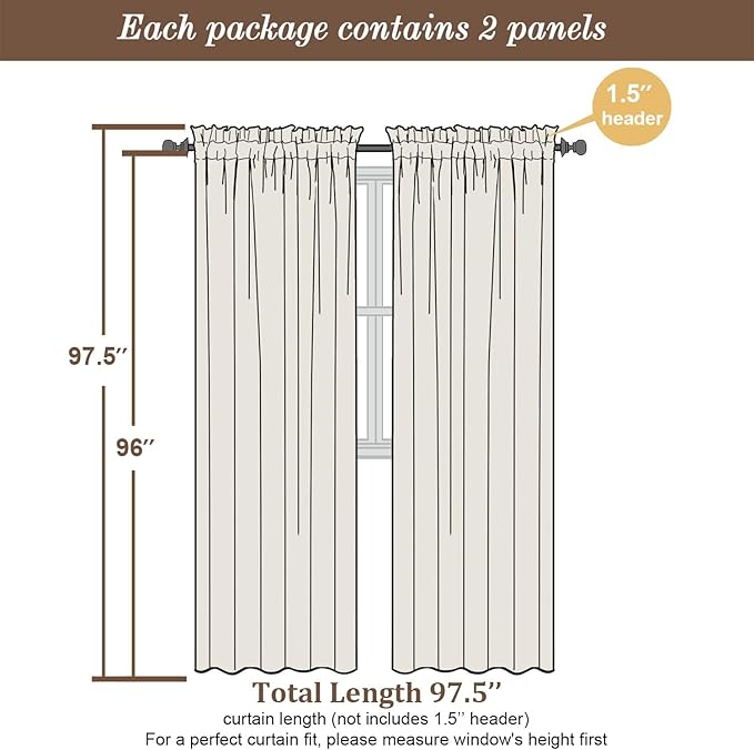 Chyhomenyc Cream Sheer Curtains 96 Inches Long 2 Panels, Light Filtering Cream Curtains for Living Room, Soft Gentle Voile Rod Pocket Bedroom Window Drapes, 59Wx96L Inch, 2PCS