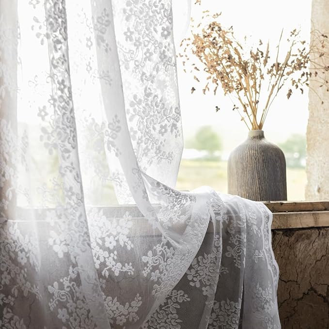 YJ YANJUN Vintage Lace Curtains 54 Inches Length- Victorian Floral Pattern White Sheer Curtain Panels for Living Room Bedroom Bathroom Light Filtering, Country Cottage Core Drapes 2 Panels 52W x 54L
