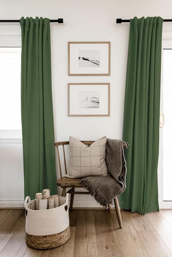 100% Blackout Shield Linen Blackout Curtains for Bedroom 120 Inches Long, Back Tab/Rod Pocket Living Room Drapes, Thermal Insulated Blackout Curtains 2 Panels Set, 50" W x 120" L, Moss Green