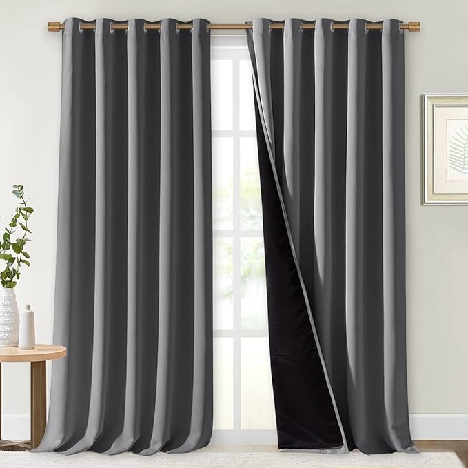 NICETOWN Total Shade Curtains and Draperies, Heavy-Duty Full Light Shading Drapes with Black Liner Backing for Villa/Hall/Dorm Window（Gray, Package of 2 Panels, 70 inches Wide x 95 inches Long