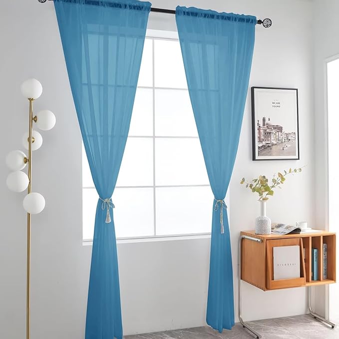 SpaceDresser Basic Rod Pocket Sheer Voile Window Curtain Panels Blue 1 Pair 2 Panels 52 Width 108 Inch Long for Kitchen Bedroom Children Living Room Yard（Blue, 52W x 108L）