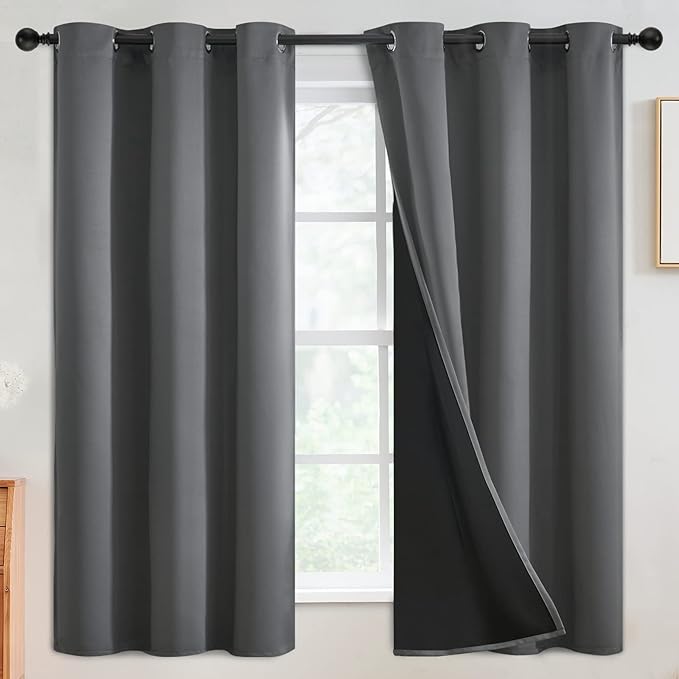SimpleHome 100% Blackout Curtains for Bedroom,Thermal Insulated Grommet Window Drapes Room Darkening Grey Curtains for Living Room with Black Back,42 x 63 Inch,2 Panels