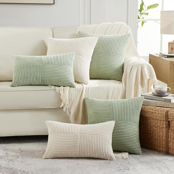 Fancy Homi 2 Packs Cream Lumbar Decorative Throw Pillow Covers 20x28 Inch for Living Room Couch Bed Sofa, Rustic Farmhouse Boho Home Decor, Soft Striped Corduroy Rectangle Accent Cushion Case 50x70 cm