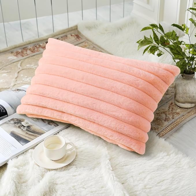 decorUhome Summer Cozy Faux Fur Throw Pillow Covers 12x20 Set of 2 Decorative Plush Striped Lumbar Modern Farmhouse Boho Couch Pillow Cases with Velvet Back for Sofa Bed Living Room, Blush Pink