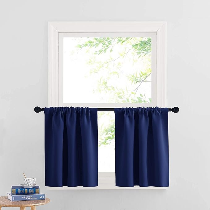 RYB HOME Cafe Blackout Curtains 24 inch Length, RV Curtains for Camper Windows, Mini Short Small Insulating Light UV Blocking Privacy Half Window Tiers, Width 29 by Length 24, Marine Blue, 2 Panels