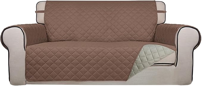 PureFit Reversible Quilted Sofa Cover, Water Resistant Slipcover Furniture Protector, Washable Couch Cover with Non Slip and Elastic Straps for Kids, Dogs, Pets (Oversized Loveseat, Brown/Beige)