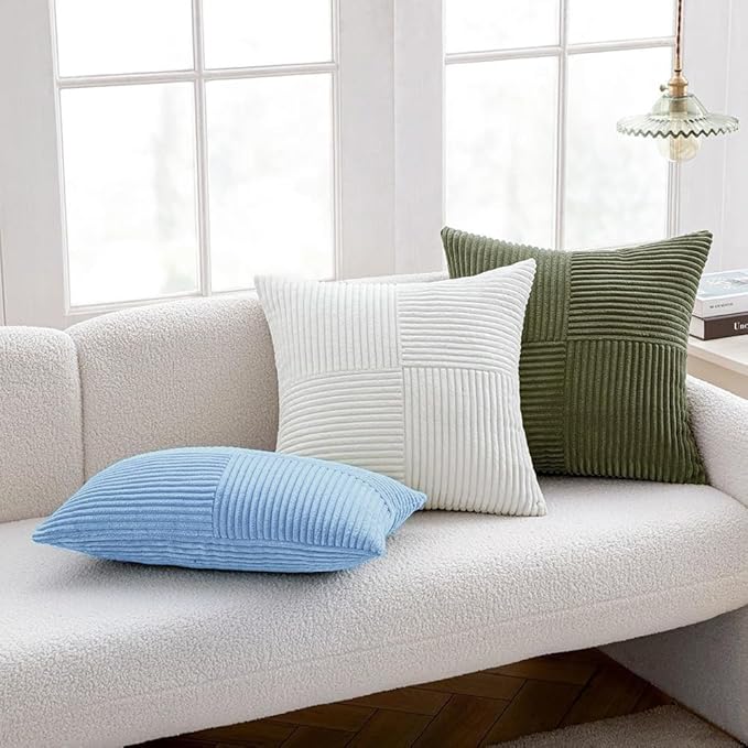 MIULEE Light Blue Decorative Throw Pillow Covers 18x18 Inch for Couch Bed Sofa Pack of 2 Boho Farmhouse Throw Pillows Soft Cross Corduroy Patchwork Textured Cushion Cases
