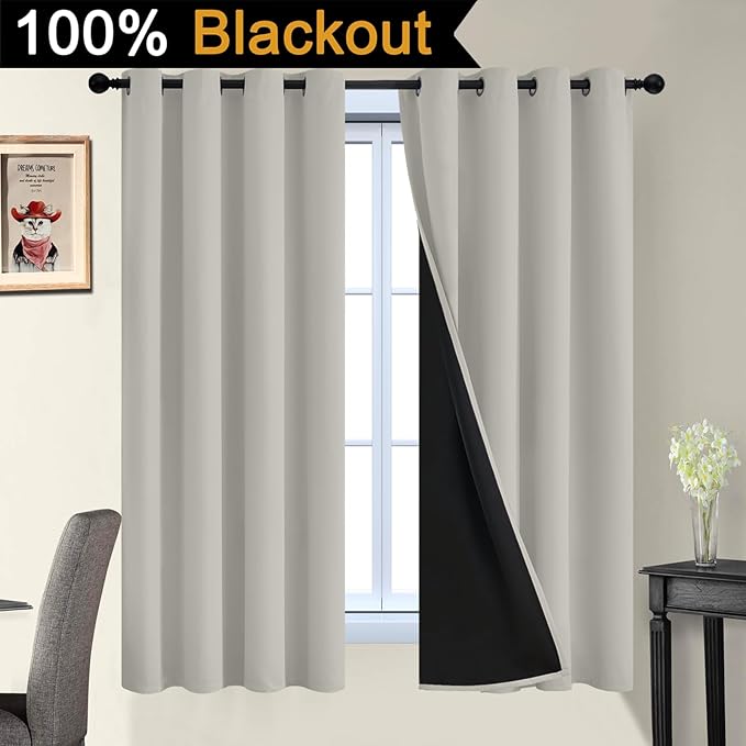 Yakamok Cream Beige 100% Blackout Curtains, Thermal Insulated Total Blackout Drapes for Bedroom, Heat Blocking Window Curtains for Living Room(52Wx63L, 2 Panels)