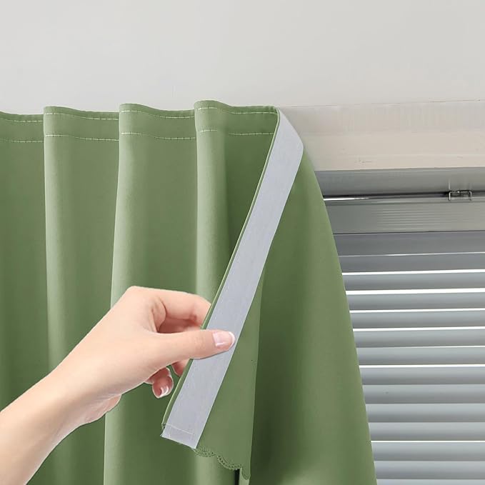 Magic Tape Blackout Curtains for Bedroom No Drillng Self Adhesive Curtains No Rod Small Window, 35" W X 71" L, Sage Green, 1 Panel