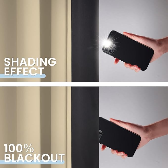 SimpleHome 100% Blackout Curtains for Bedroom,Thermal Insulated Beige Grommet Window Drapes Room Darkening Curtains for Living Room with Black Back,52 x 54 Inch,2 Panels