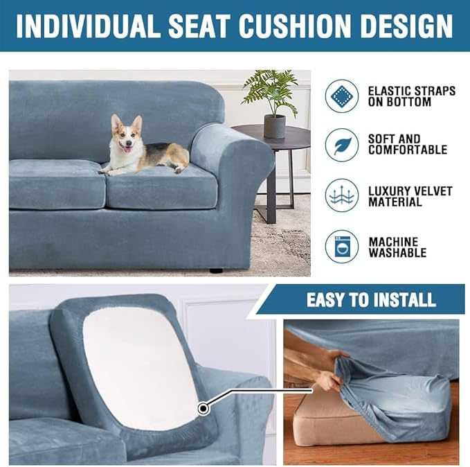 H.VERSAILTEX High Stretch Sofa Slipcover 4 Piece Cover Velvet Furniture Protector Form Fit Thick Velvet Extra Large Sofa Cover for 3 Cushion Couch Width Up to 97 Inch (Large Sofa, Stone Blue)