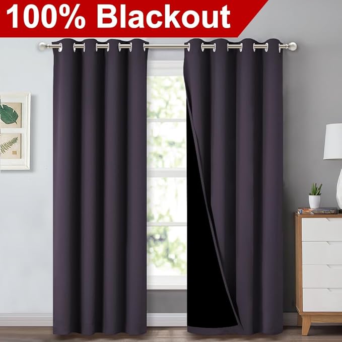 NICETOWN 100% Blackout Curtains 84" Long, Greyish Purple, 52" Wide, Pair of Energy Smart & Noise Blocking Out Drapes for Baby Room Window, Thermal Insulated Guest Room Lined Window Dressing