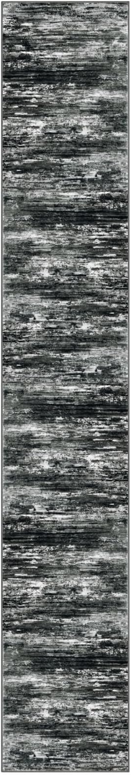 KOZYFLY Modern Abstract Washable Rug Runner 2.6x16 Hallway Rug Runner Non-Slip Soft Kitchen Runner Rugs, Black Grey Striped Carpet for Stair Entryway Bathroom Laundry Room Foyer