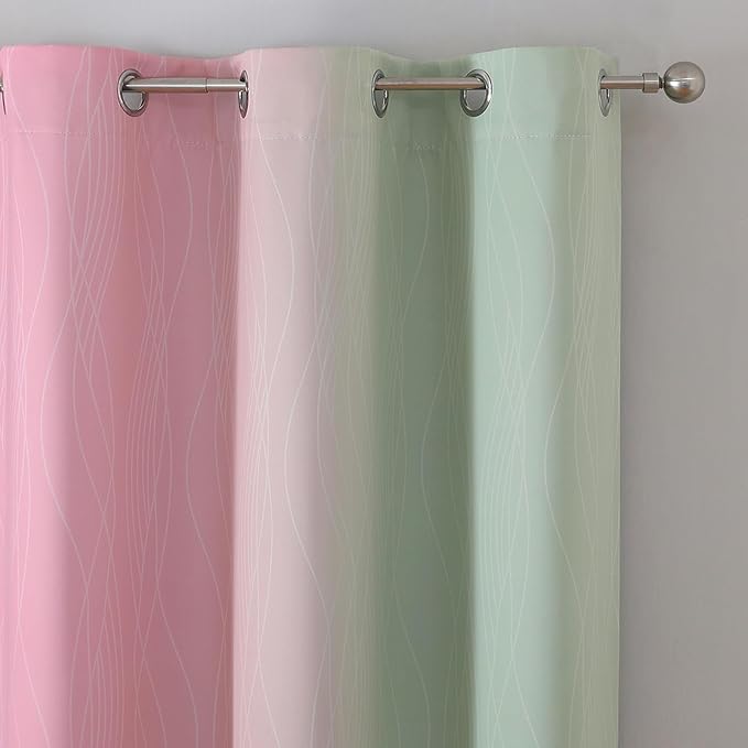 Estelar Textiler Sage Green and Pink Room Darkening Blackout Curtains 84 Inch Length 2 Panels Set for Living Room, Thermal Insulated Ombre Light Blocking Grommet Blackout Drapes for Bedroom, 42Wx84L