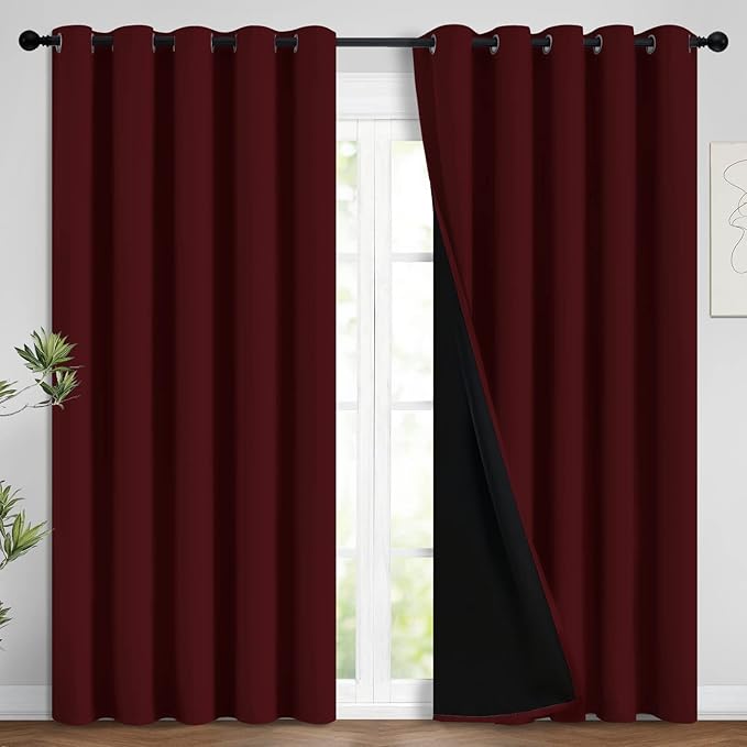 Yakamok 100% Blackout Curtains for Living Room, Noise Reducing Drapes,Thermal Insulated Blackout Curtains for Bedroom(62Wx96L, Burgundy Red, 2 Panels)