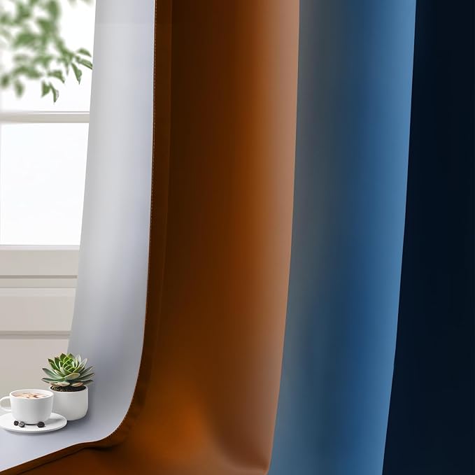 Yakamok Blackout Ombre Dark Blue and Burnt Orange Curtains-Gradient Room Darkening Curtain, Grommet Thermal Insulated Light Blocking Window Drapes Curtain for Living Room Bedroom,52 x 63 Inch,2 Panels